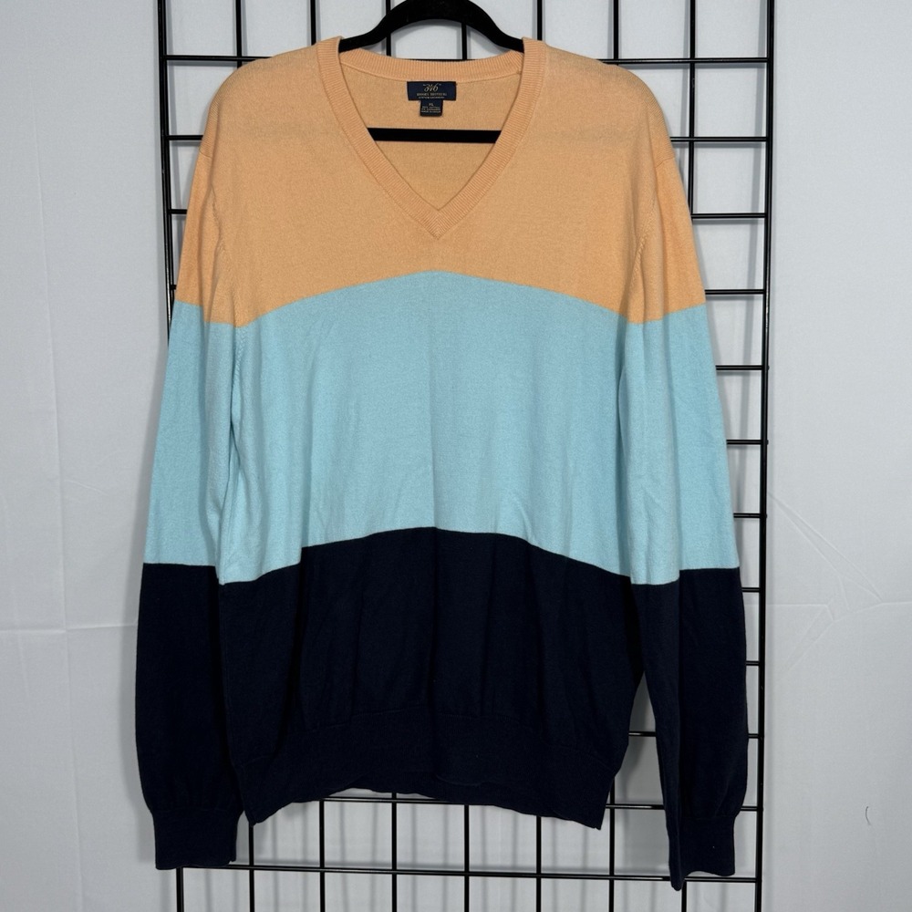 Brooks Brothers V-neck Sweater Mens XL Peach Blue‎ Colorblock Cashmere Casual